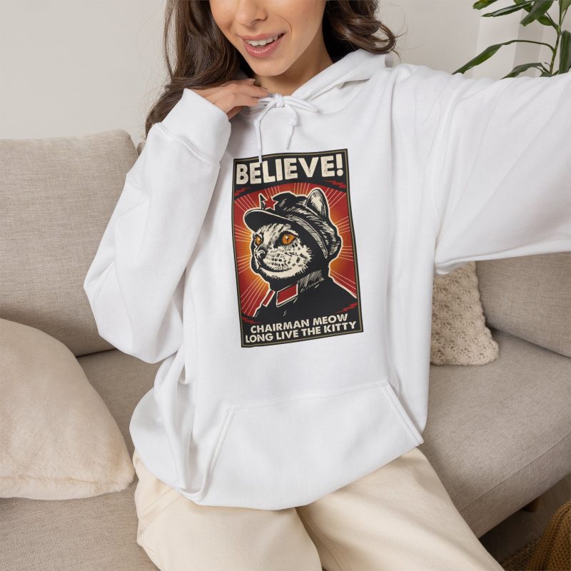 Person wearing a hoodie showing a stern black-and-cream cat in a red-star cap with orange-red sunburst rays and a black frame