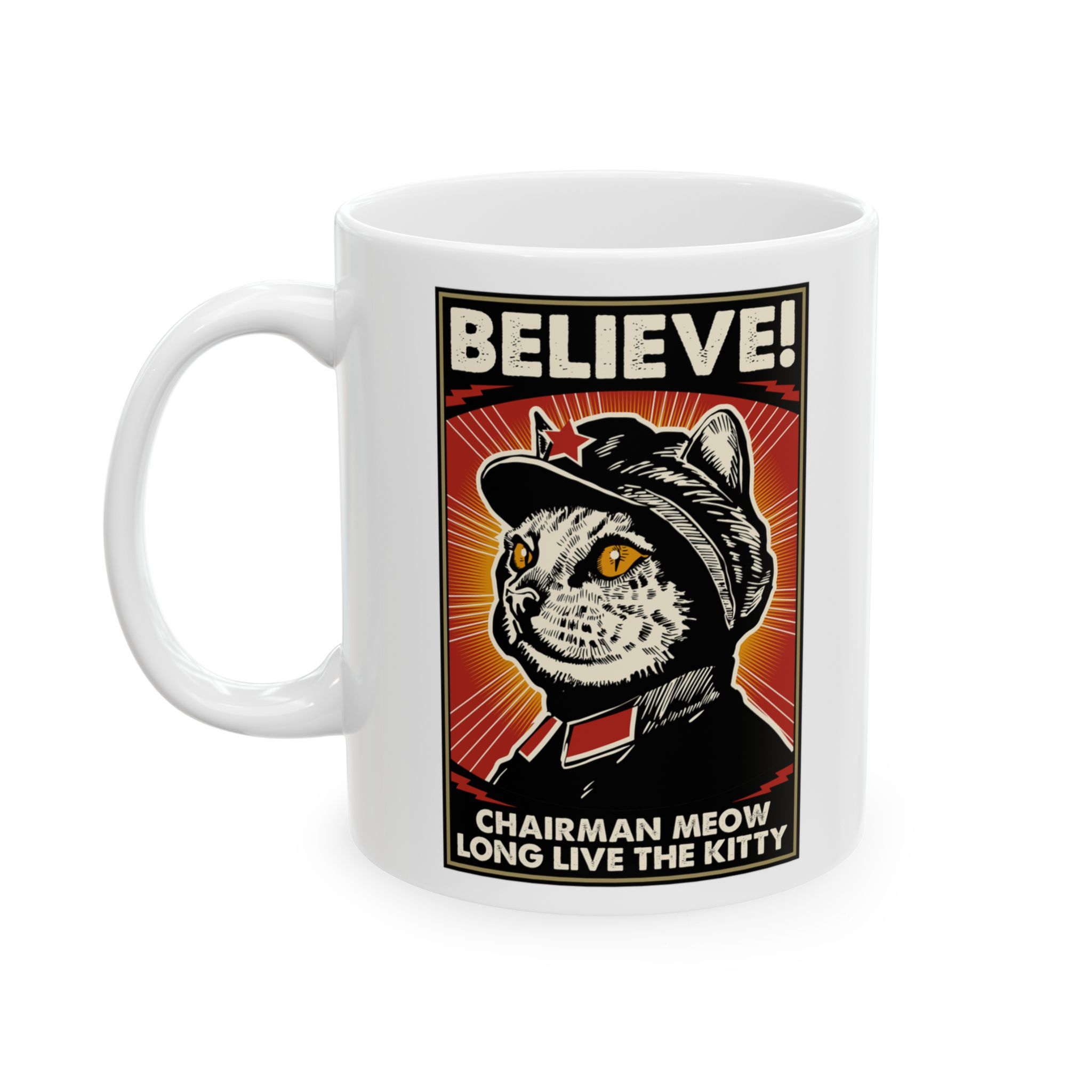 Glossy white ceramic mug showing a stern black-and-cream cat in a red-star cap with orange-red sunburst rays and a black frame