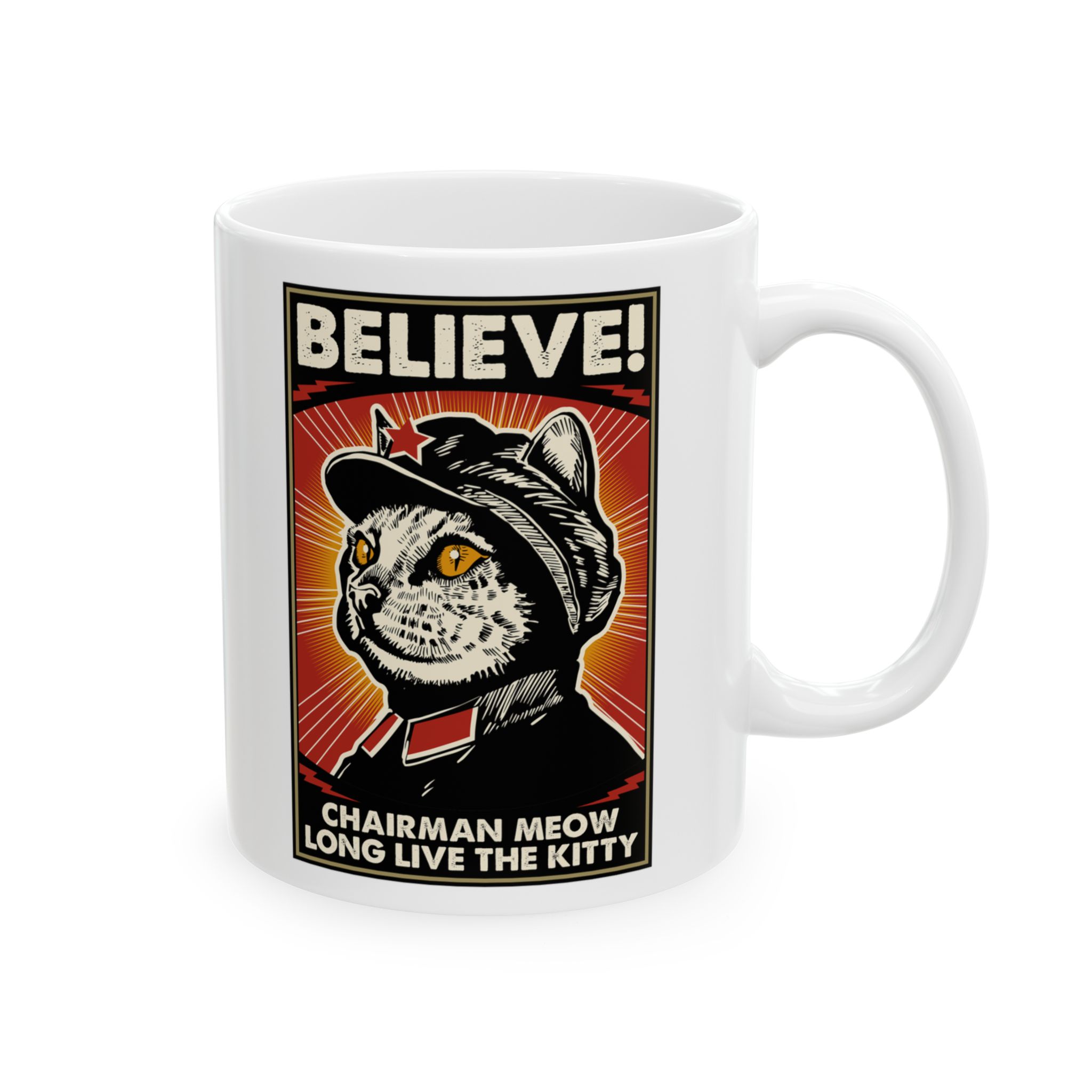 Opposite side of the glossy white ceramic mug with the matching design