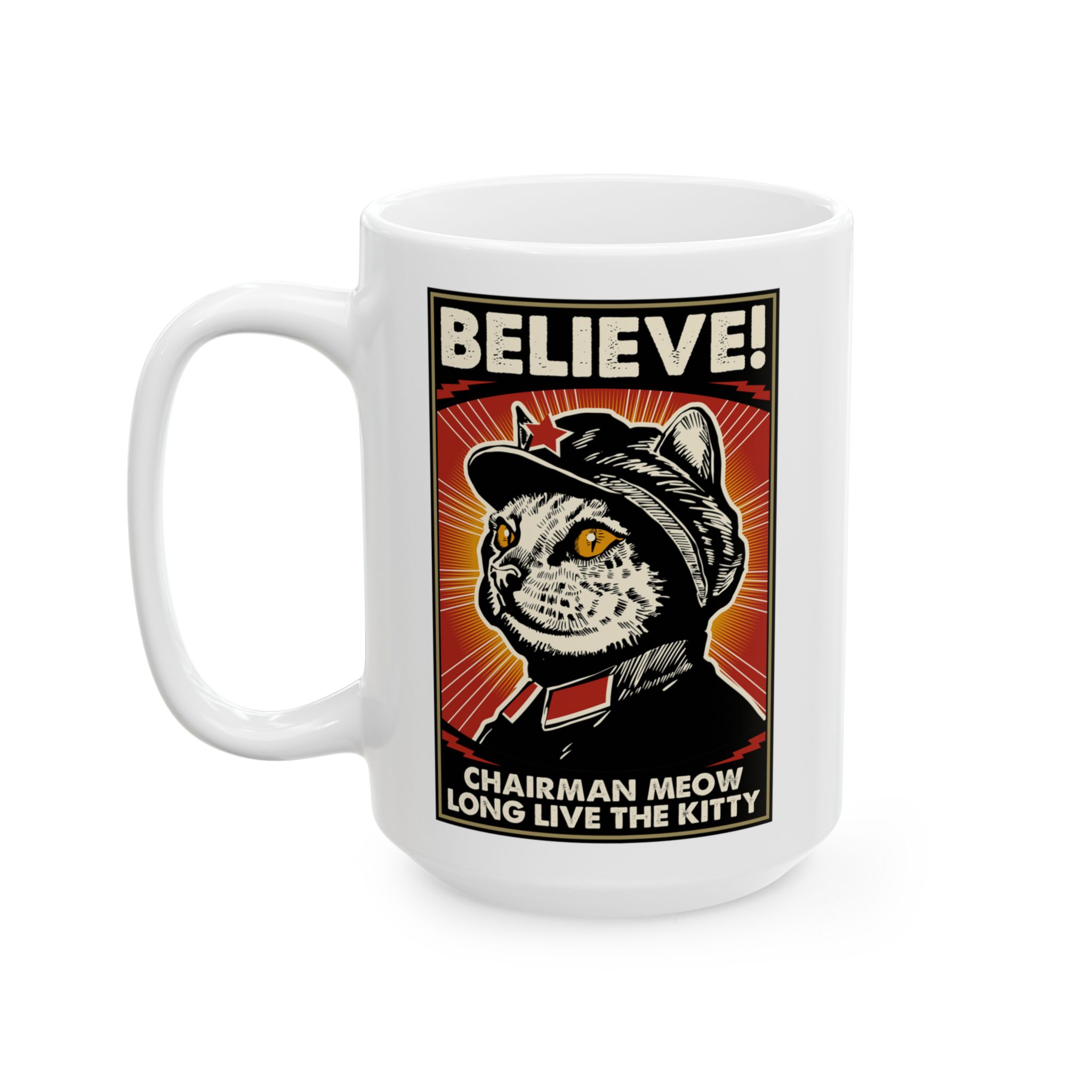 Glossy white ceramic mug showing a stern black-and-cream cat in a red-star cap with orange-red sunburst rays and a black frame