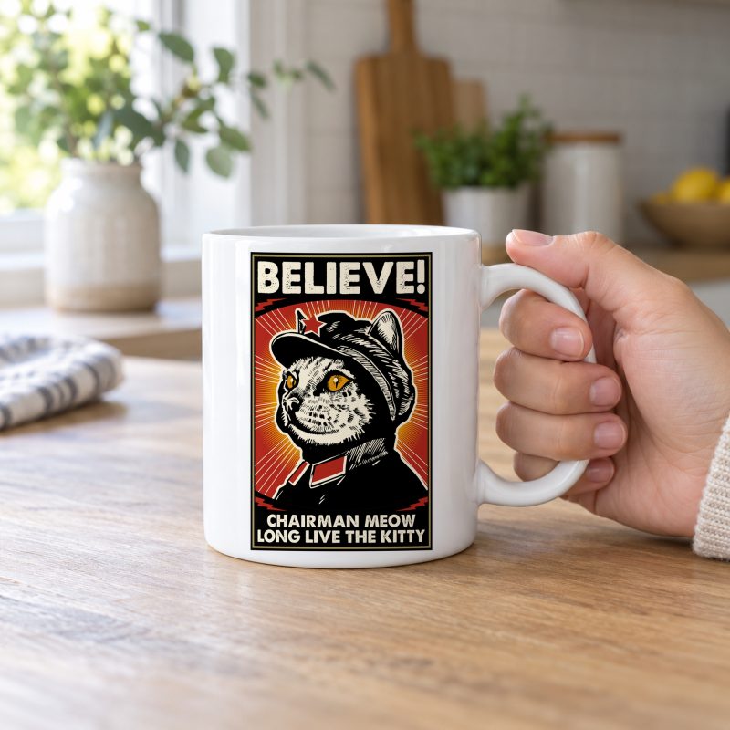 Person holding a glossy white ceramic mug showing a stern black-and-cream cat in a red-star cap with orange-red sunburst rays and a black frame