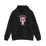 Front of the hoodie showing a pale pink cat with a unibrow, a flower crown, gold beads and a teal fish Front of the hoodie showing a pale pink cat with a unibrow, a flower crown, gold beads and a teal fish