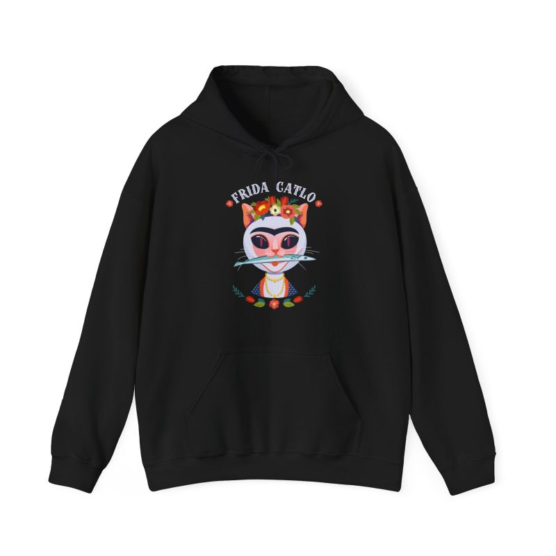 Front of the hoodie showing a pale pink cat with a unibrow, a flower crown, gold beads and a teal fish
