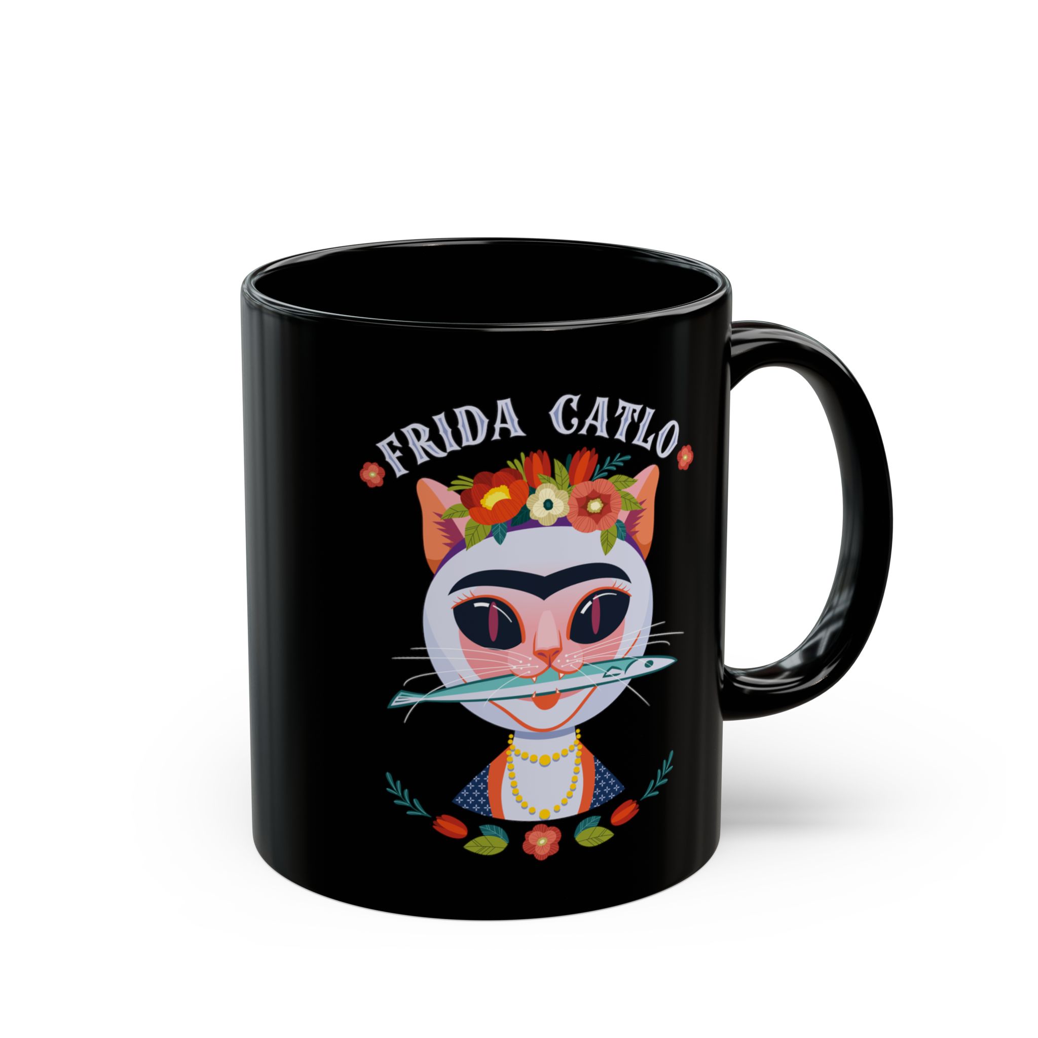 Glossy black ceramic mug showing a pale pink cat with a unibrow, a flower crown, gold beads and a teal fish