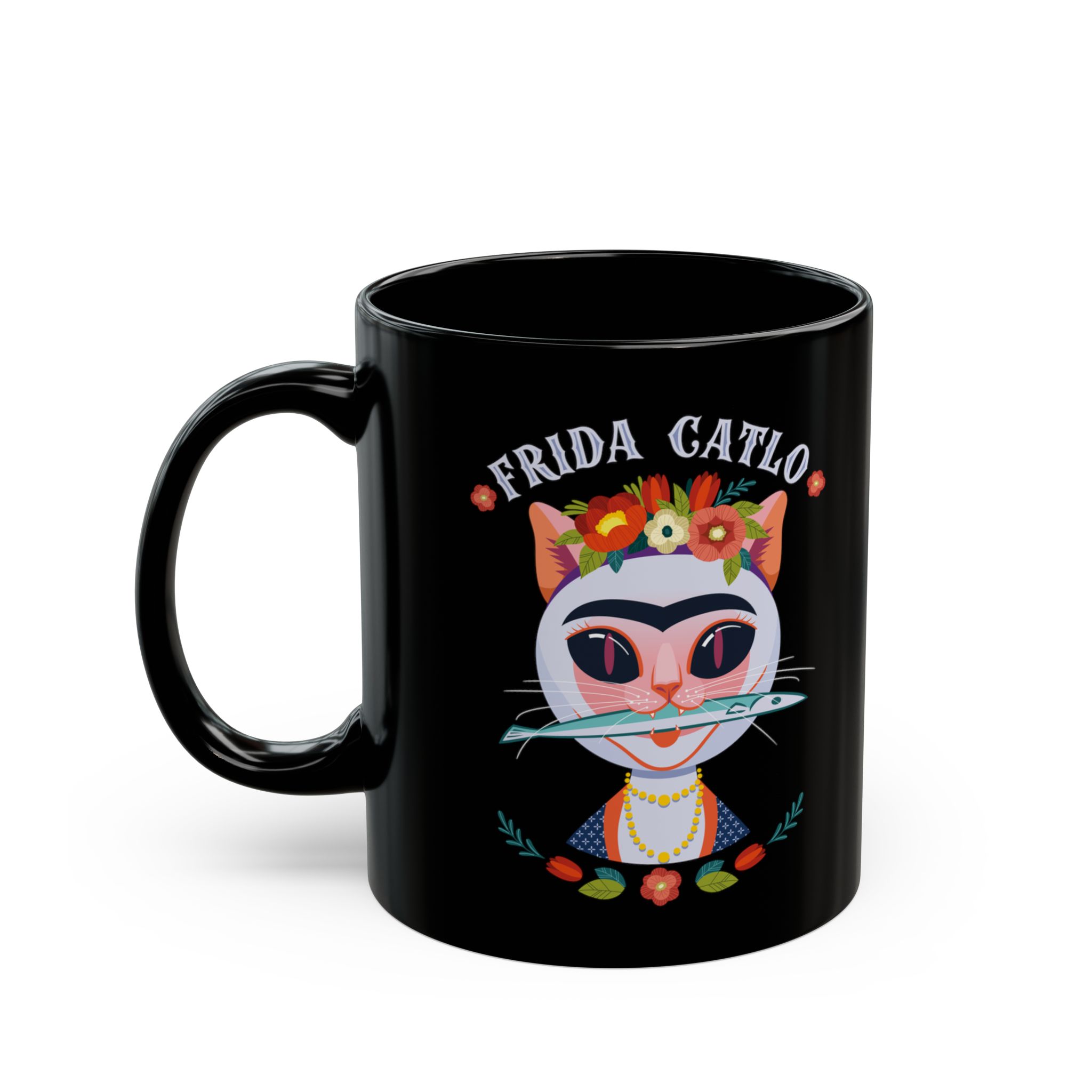 Glossy black ceramic mug showing a pale pink cat with a unibrow, a flower crown, gold beads and a teal fish