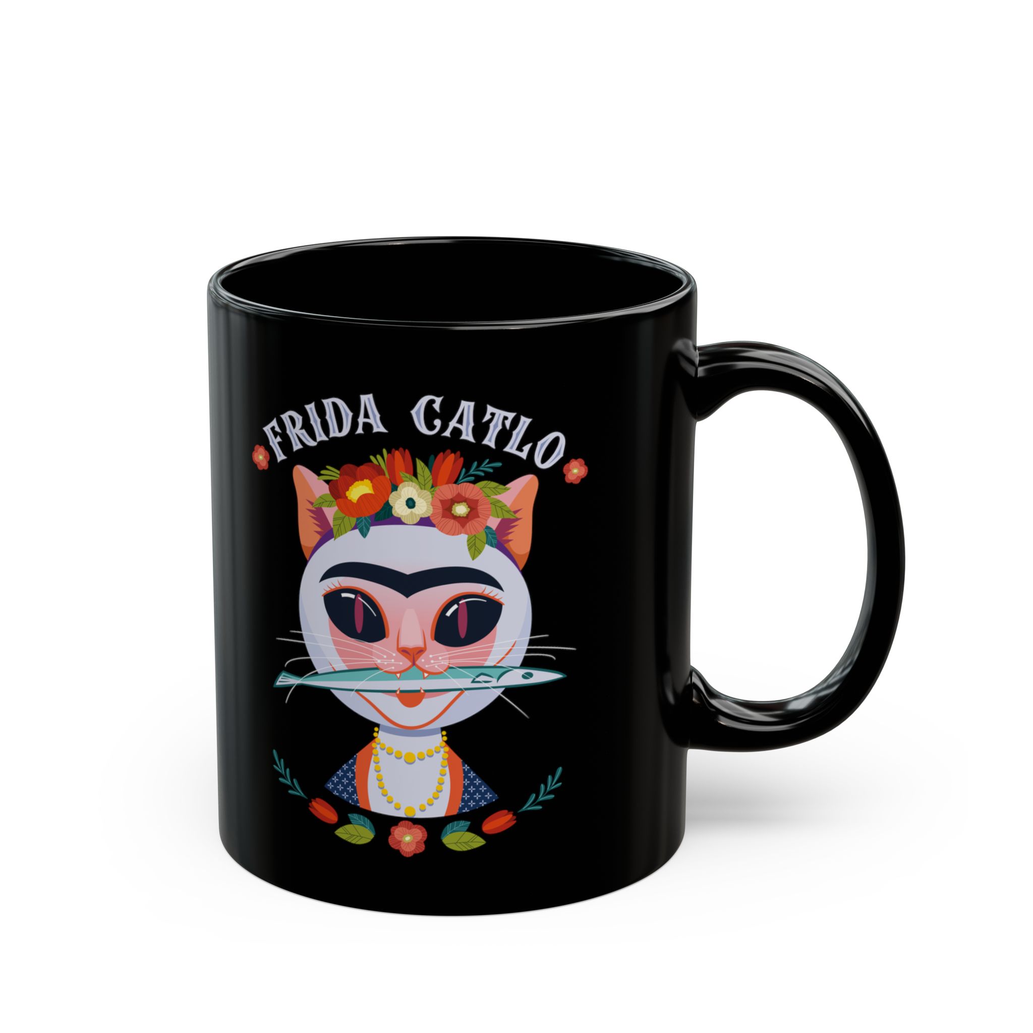 Opposite side of the glossy black ceramic mug showing the same pale pink cat with a unibrow, a flower crown, gold beads and a teal fish