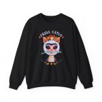Front of the crewneck sweatshirt showing a pale pink cat with a unibrow, a flower crown, gold beads and a teal fish Front of the crewneck sweatshirt showing a pale pink cat with a unibrow, a flower crown, gold beads and a teal fish