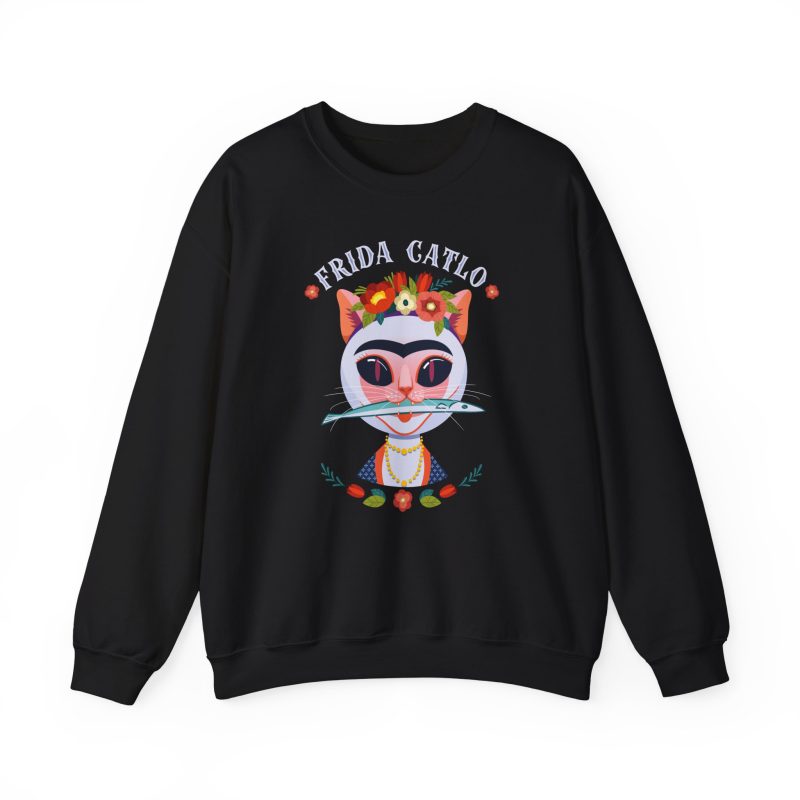Front of the crewneck sweatshirt showing a pale pink cat with a unibrow, a flower crown, gold beads and a teal fish