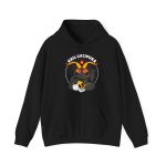 Front of the hoodie showing a dark gray horned cat with yellow eyes, a skull, a pentagram and a flame inside a white dotted circle