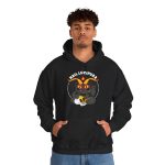 Person wearing a hoodie with a dark gray horned cat with yellow eyes, a skull, a pentagram and a flame inside a white dotted circle printed on the front
