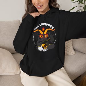 Person wearing a hoodie with a dark gray horned cat with yellow eyes, a skull, a pentagram and a flame inside a white dotted circle printed on the front