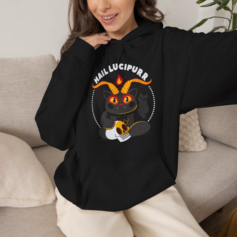 Person wearing a hoodie with a dark gray horned cat with yellow eyes, a skull, a pentagram and a flame inside a white dotted circle printed on the front