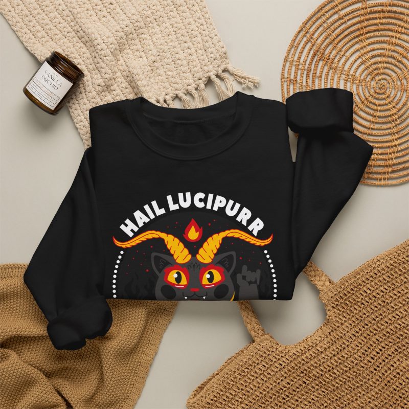 A dark gray horned cat with yellow eyes, a skull, a pentagram and a flame inside a white dotted circle in the front print