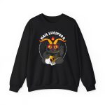 Front of the crewneck sweatshirt showing a dark gray horned cat with yellow eyes, a skull, a pentagram and a flame inside a white dotted circle Front of the crewneck sweatshirt showing a dark gray horned cat with yellow eyes, a skull, a pentagram and a flame inside a white dotted circle