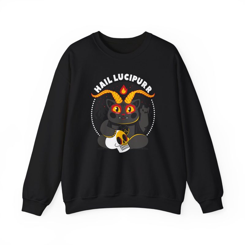 Front of the crewneck sweatshirt showing a dark gray horned cat with yellow eyes, a skull, a pentagram and a flame inside a white dotted circle