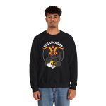 Person wearing a crewneck sweatshirt with a dark gray horned cat with yellow eyes, a skull, a pentagram and a flame inside a white dotted circle printed on the front Person wearing a crewneck sweatshirt with a dark gray horned cat with yellow eyes, a skull, a pentagram and a flame inside a white dotted circle printed on the front