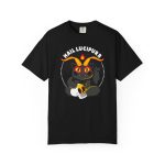 Front of the tee showing a dark gray horned cat with yellow eyes, a skull, a pentagram and a flame inside a white dotted circle