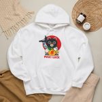 A lucky cat in a black balaclava with blue arm tattoos, a submachine gun, a yellow money bag and a red disc in the front print A lucky cat in a black balaclava with blue arm tattoos, a submachine gun, a yellow money bag and a red disc in the front print