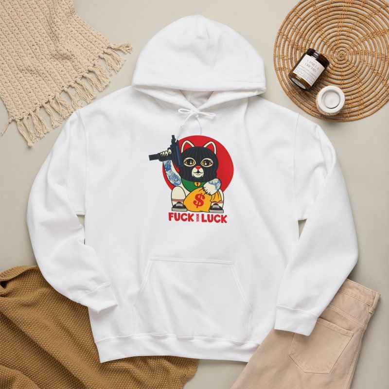 A lucky cat in a black balaclava with blue arm tattoos, a submachine gun, a yellow money bag and a red disc in the front print