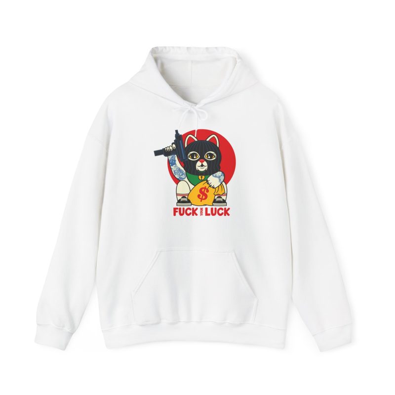Front of the hoodie showing a lucky cat in a black balaclava with blue arm tattoos, a submachine gun, a yellow money bag and a red disc