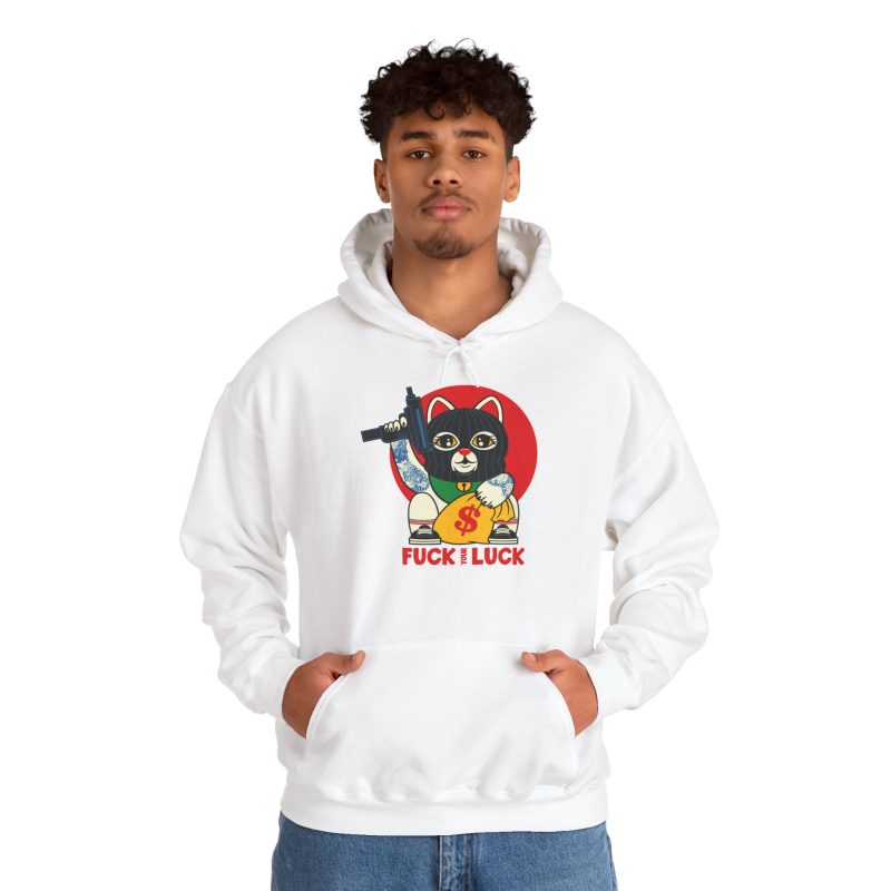 Person wearing a hoodie with a lucky cat in a black balaclava with blue arm tattoos, a submachine gun, a yellow money bag and a red disc printed on the front