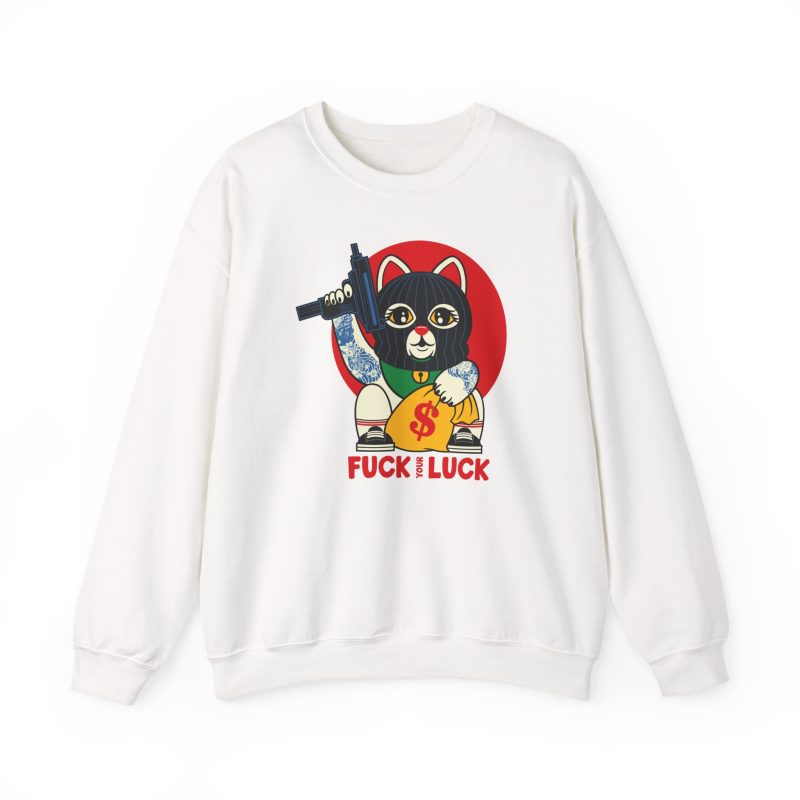 Front of the crewneck sweatshirt showing a lucky cat in a black balaclava with blue arm tattoos, a submachine gun, a yellow money bag and a red disc