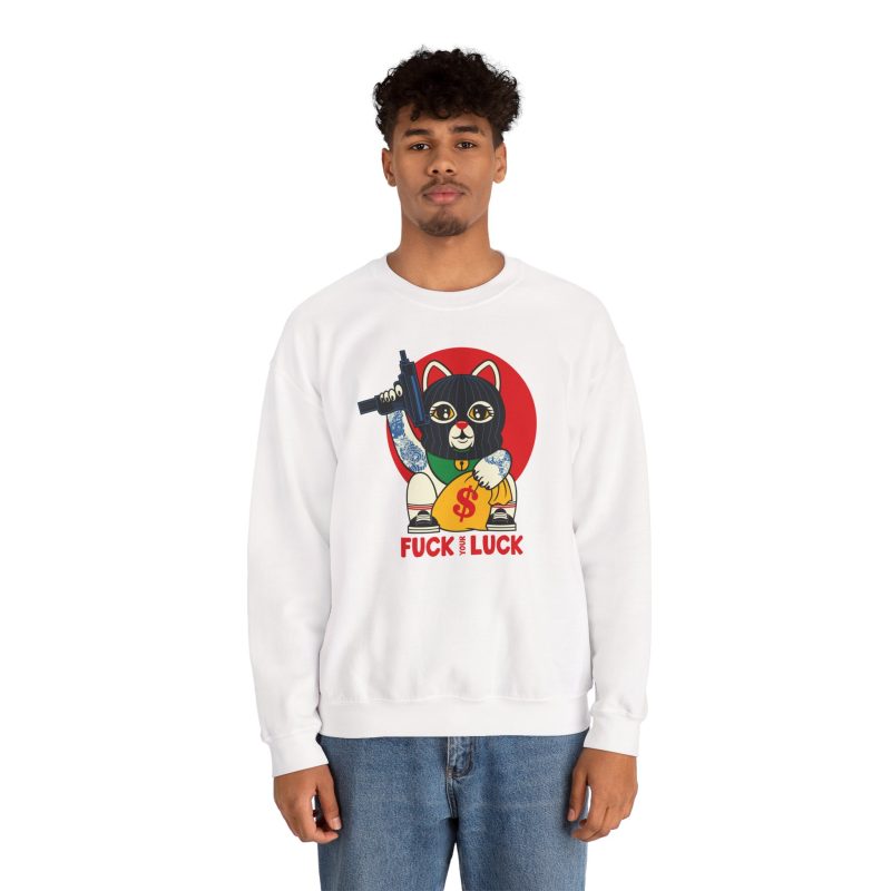 Person wearing a crewneck sweatshirt with a lucky cat in a black balaclava with blue arm tattoos, a submachine gun, a yellow money bag and a red disc printed on the front