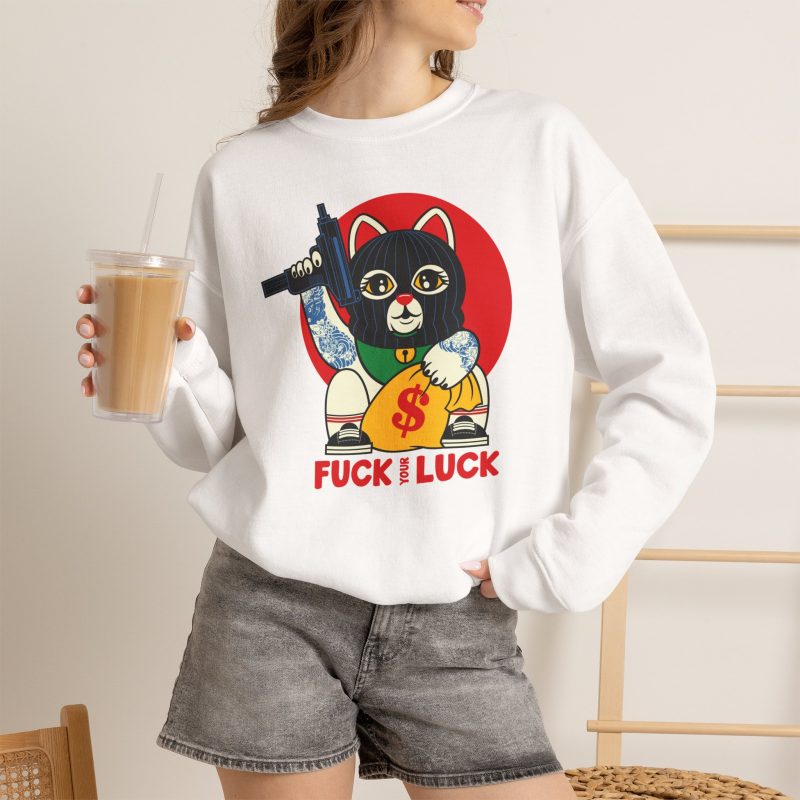 Person wearing a crewneck sweatshirt with a lucky cat in a black balaclava with blue arm tattoos, a submachine gun, a yellow money bag and a red disc printed on the front