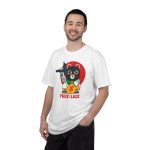 Person wearing a tee with a lucky cat in a black balaclava with blue arm tattoos, a submachine gun, a yellow money bag and a red disc printed on the front Person wearing a tee with a lucky cat in a black balaclava with blue arm tattoos, a submachine gun, a yellow money bag and a red disc printed on the front