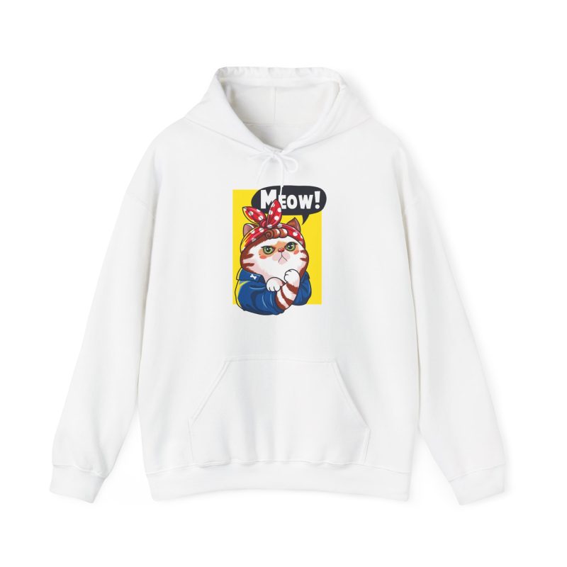 Front of the hoodie showing a white and ginger cat flexing its paw in a blue work shirt and red polka-dot bandana on a yellow panel