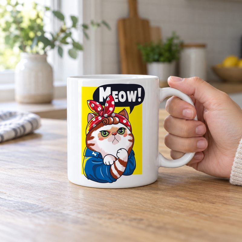 Person holding a glossy white ceramic mug showing a white and ginger cat flexing its paw in a blue work shirt and red polka-dot bandana on a yellow panel