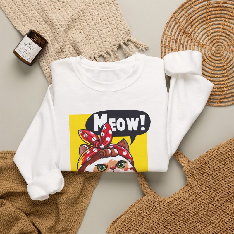 A white and ginger cat flexing its paw in a blue work shirt and red polka-dot bandana on a yellow panel in the front print