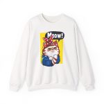 Front of the crewneck sweatshirt showing a white and ginger cat flexing its paw in a blue work shirt and red polka-dot bandana on a yellow panel