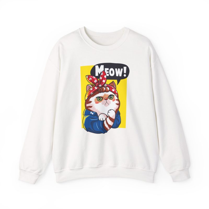 Front of the crewneck sweatshirt showing a white and ginger cat flexing its paw in a blue work shirt and red polka-dot bandana on a yellow panel