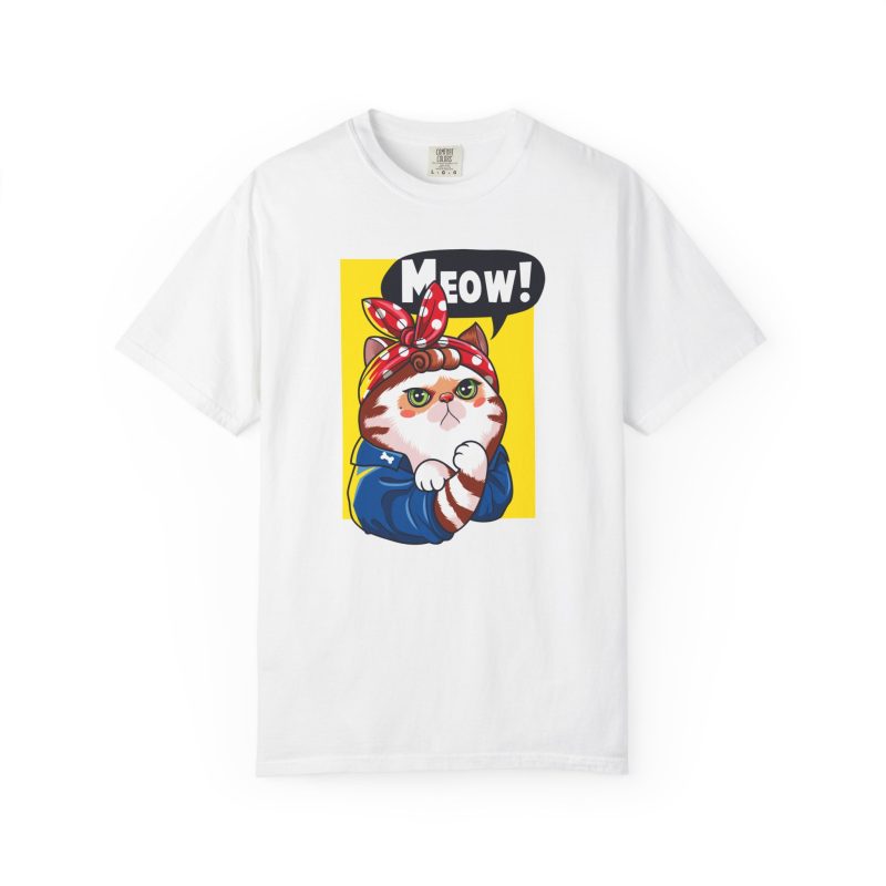 Front of the tee showing a white and ginger cat flexing its paw in a blue work shirt and red polka-dot bandana on a yellow panel