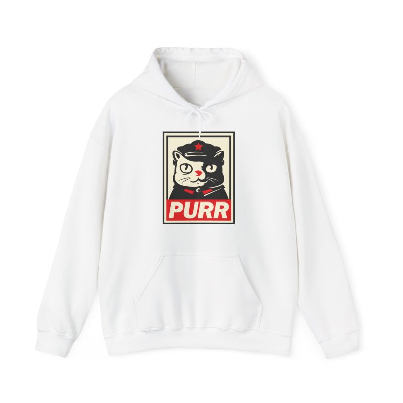 Front of the hoodie showing a black and cream cat in a military cap with a red star above a red banner inside a double poster border