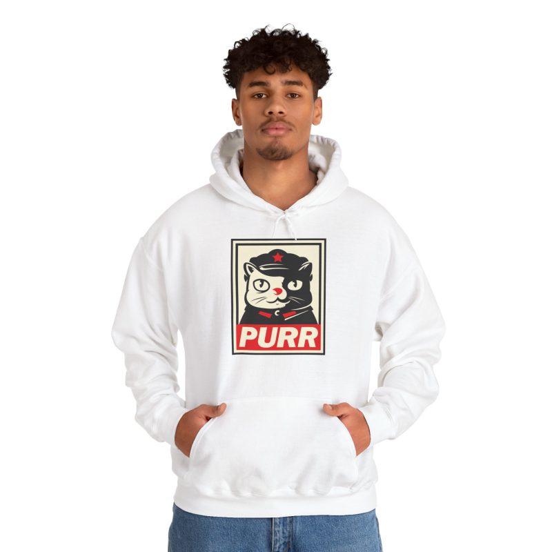 Person wearing a hoodie with a black and cream cat in a military cap with a red star above a red banner inside a double poster border printed on the front
