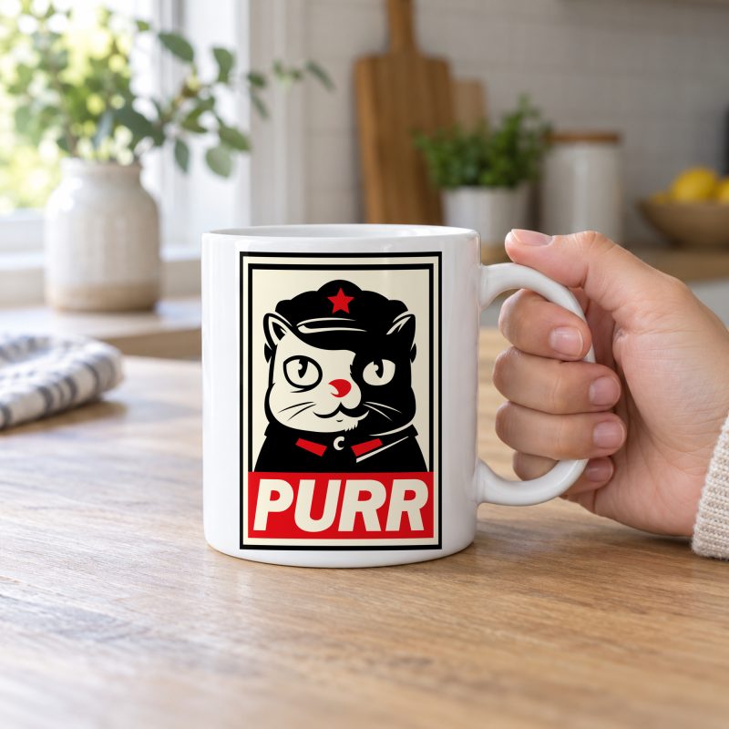 Person holding a glossy white ceramic mug showing a black and cream cat in a military cap with a red star above a red banner inside a double poster border