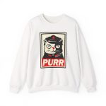 Front of the crewneck sweatshirt showing a black and cream cat in a military cap with a red star above a red banner inside a double poster border Front of the crewneck sweatshirt showing a black and cream cat in a military cap with a red star above a red banner inside a double poster border