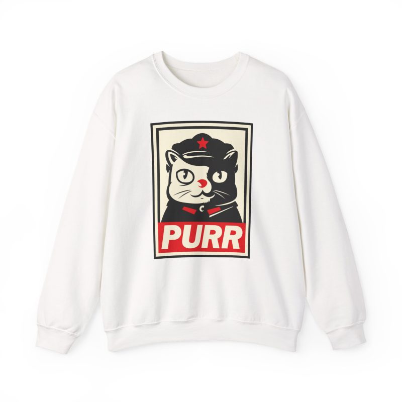 Front of the crewneck sweatshirt showing a black and cream cat in a military cap with a red star above a red banner inside a double poster border