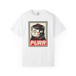 Front of the tee showing a black and cream cat in a military cap with a red star above a red banner inside a double poster border Front of the tee showing a black and cream cat in a military cap with a red star above a red banner inside a double poster border