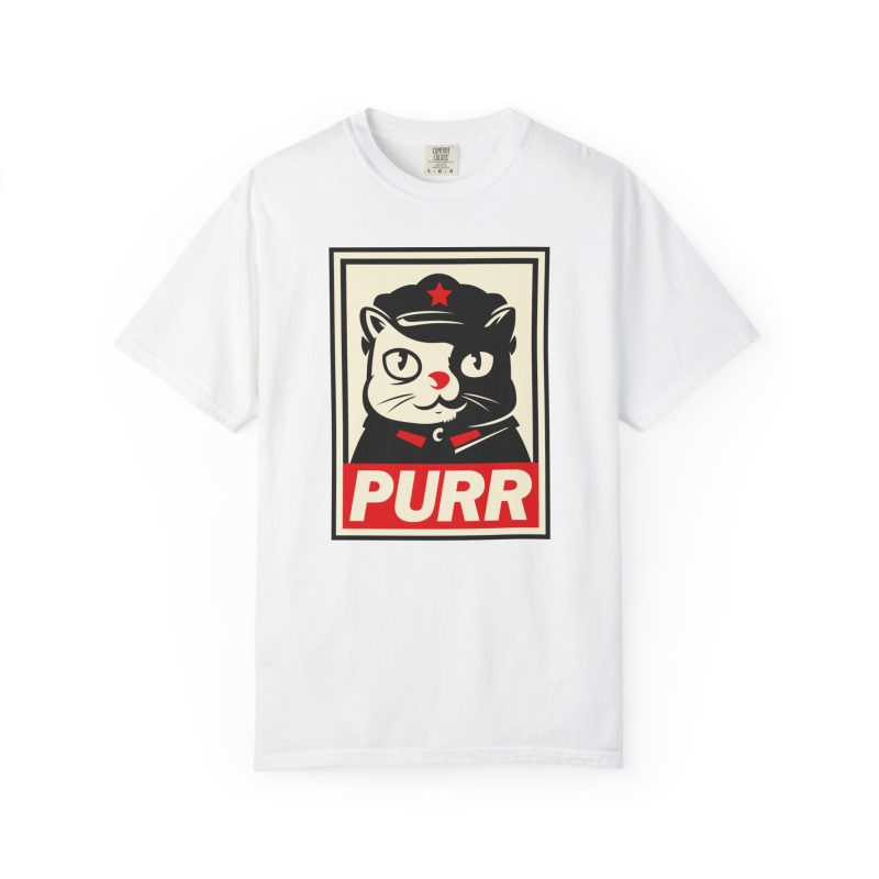 Front of the tee showing a black and cream cat in a military cap with a red star above a red banner inside a double poster border
