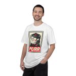 Person wearing a tee with a black and cream cat in a military cap with a red star above a red banner inside a double poster border printed on the front Person wearing a tee with a black and cream cat in a military cap with a red star above a red banner inside a double poster border printed on the front