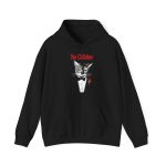 Front of the hoodie showing a gray cat with green eyes in a white tuxedo shirt and black bow tie with a red rose