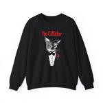 Front of the crewneck sweatshirt showing a gray cat with green eyes in a white tuxedo shirt and black bow tie with a red rose