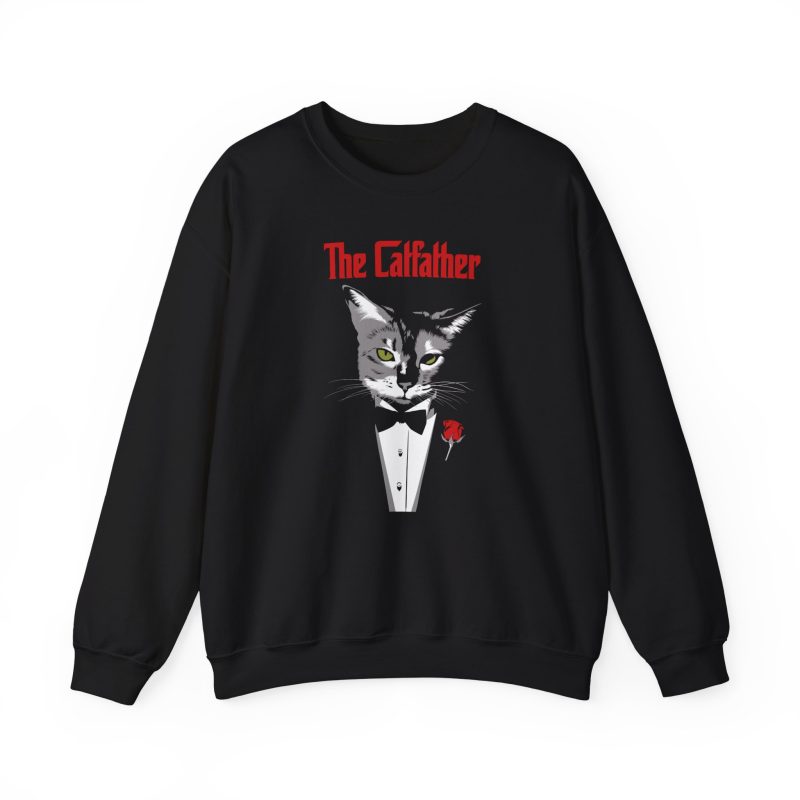 Front of the crewneck sweatshirt showing a gray cat with green eyes in a white tuxedo shirt and black bow tie with a red rose
