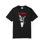 Front of the tee showing a gray cat with green eyes in a white tuxedo shirt and black bow tie with a red rose