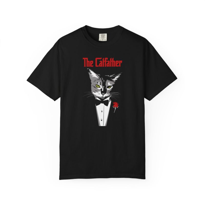 Front of the tee showing a gray cat with green eyes in a white tuxedo shirt and black bow tie with a red rose