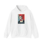 Front of the hoodie showing a hairless cat in a suit and red bow tie
