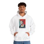Person wearing a hoodie with a hairless cat in a suit and red bow tie printed on the front